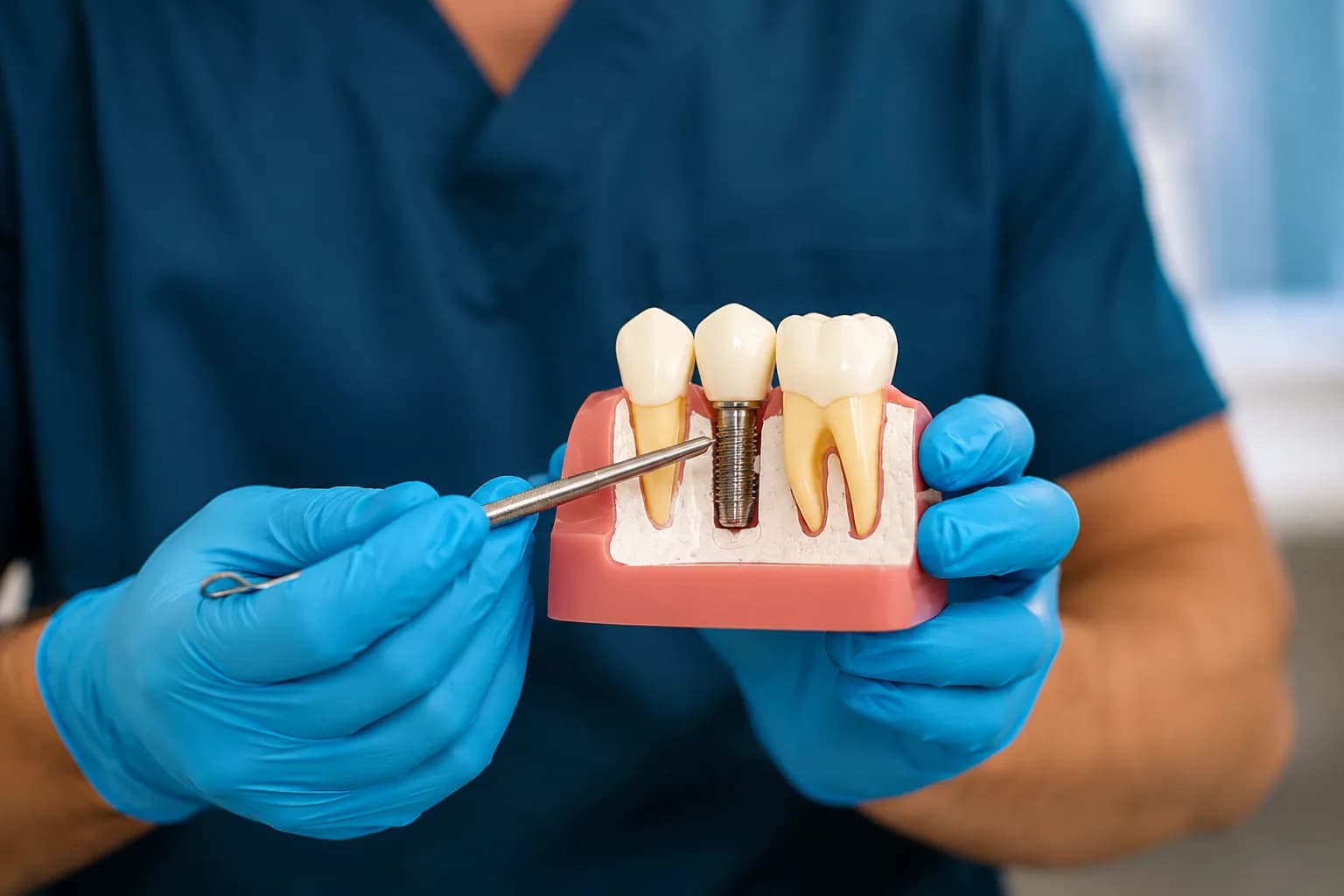 Modelo didático de implante: o pino metálico no lugar da raiz, entre dois dentes, apontado pelo dentista