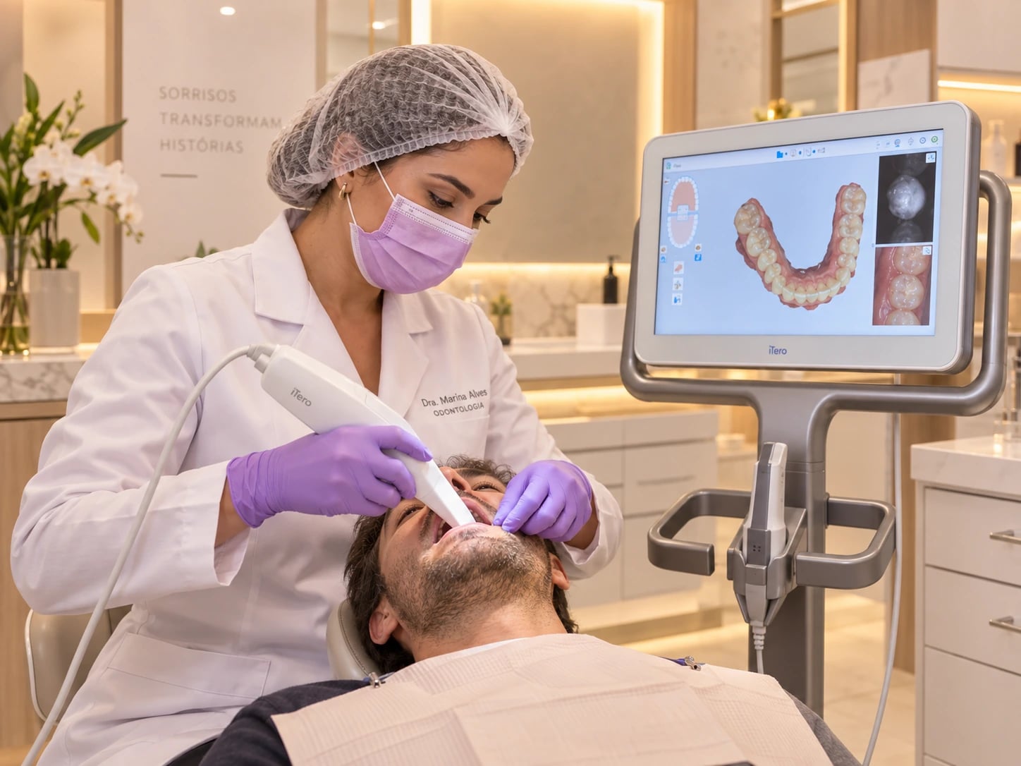 Dentista escaneando os dentes de um paciente com o scanner iTero, com a arcada em 3D na tela ao lado